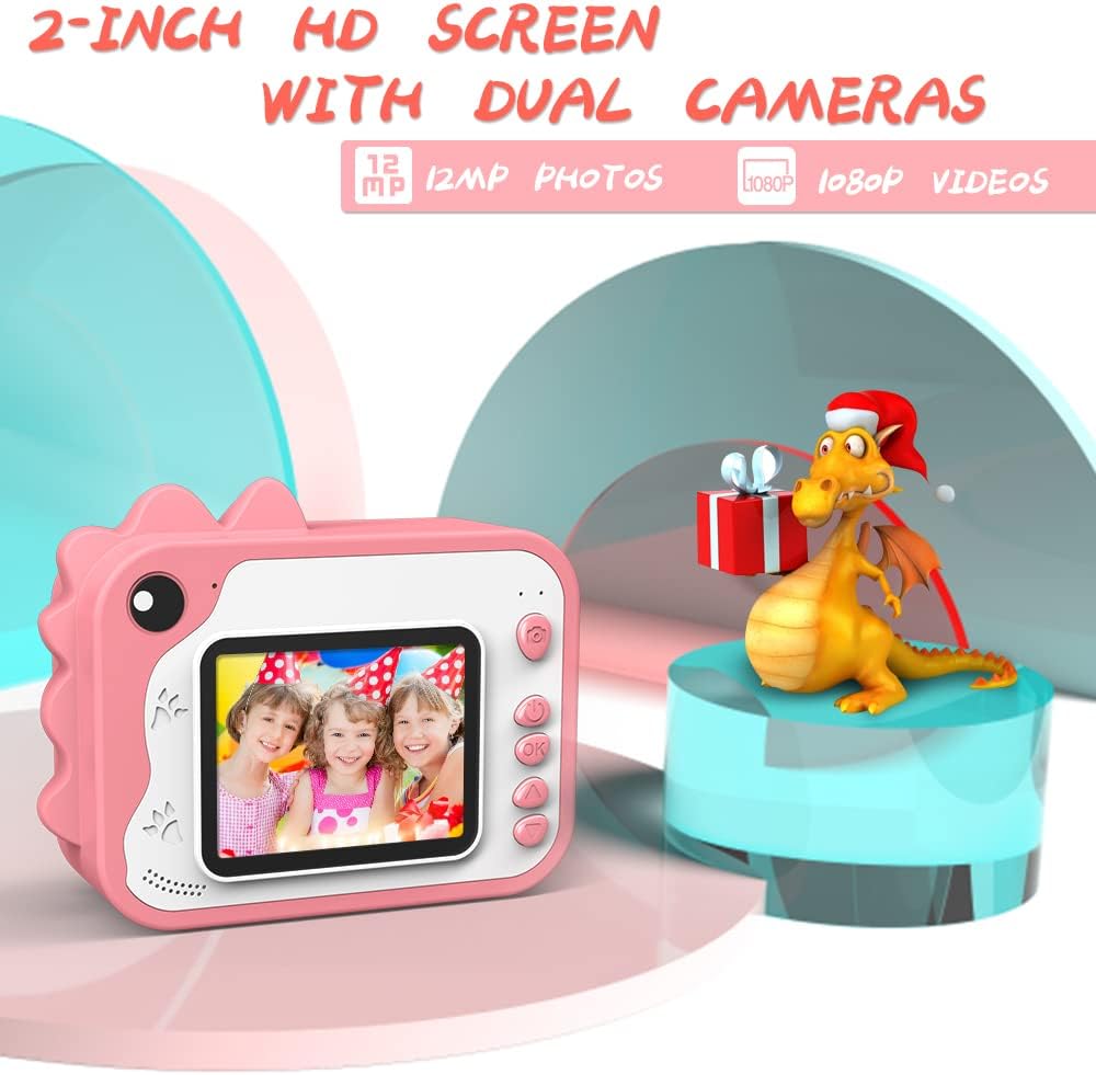 Uleway Dětský instantní fotoaparát s okamžitým tiskem | Motiv dinosaurů, růžová