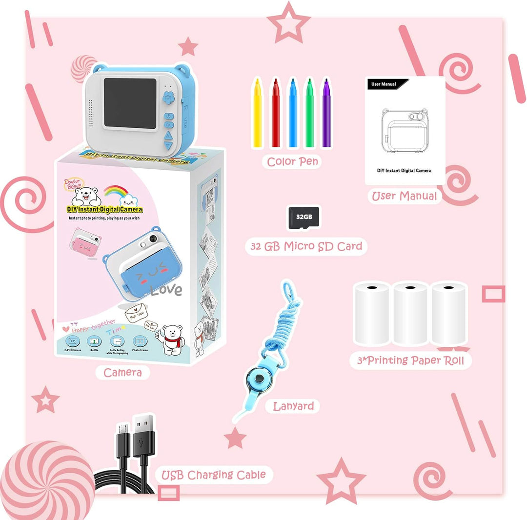 Uleway Dětský instantní fotoaparát s okamžitým tiskem, modrý