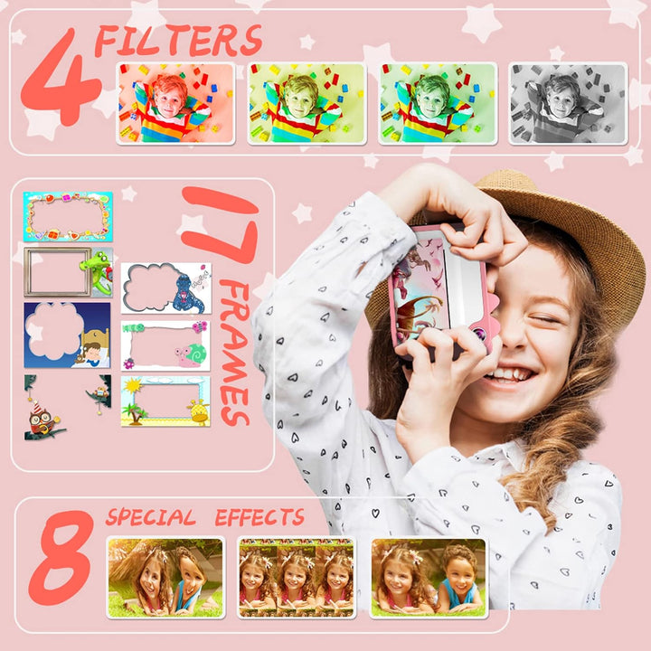 Uleway Dětský instantní fotoaparát s okamžitým tiskem | Motiv dinosaurů, růžová