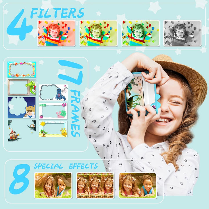 Uleway Dětský instantní fotoaparát s okamžitým tiskem | Motiv dinosaurů, modrá