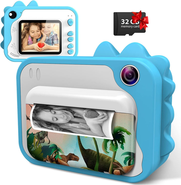 Uleway Dětský instantní fotoaparát s okamžitým tiskem | Motiv dinosaurů, modrá