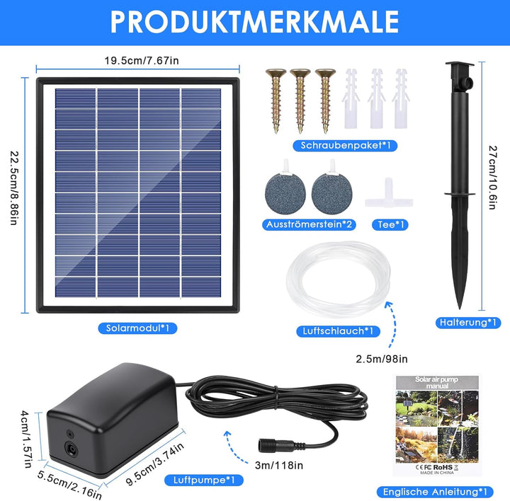 Fapiere Solárny prevzdušňovač jazierka – 6 W, až 1,2 l/min výkon, bezdrôtová prevádzka