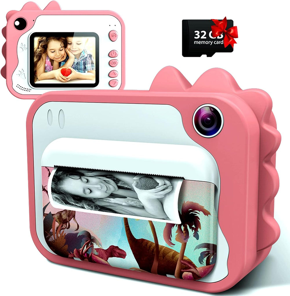 Uleway Dětský instantní fotoaparát s okamžitým tiskem | Motiv dinosaurů, růžová