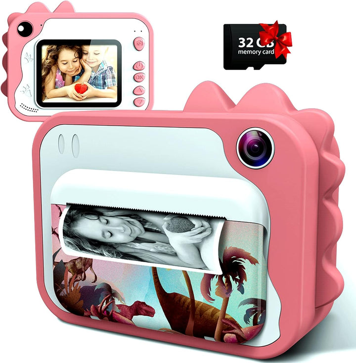 Uleway Dětský instantní fotoaparát s okamžitým tiskem | Motiv dinosaurů, růžová