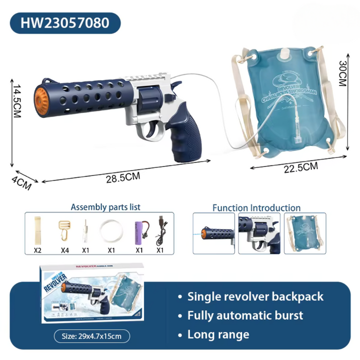REVOLVER Elektrická vodná pištoľ | 1,2L zásobník, 6–8m dostrel, automatické strieľanie