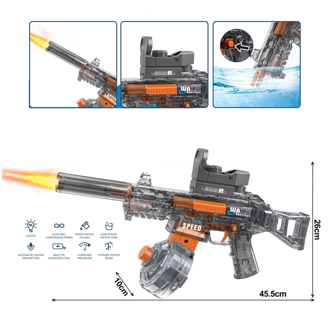 BATTLE Elektrická vodní pistole UMP45 – světelné efekty, dostřel 8–10 m, 350 ml zásobník, 500 mAh baterie