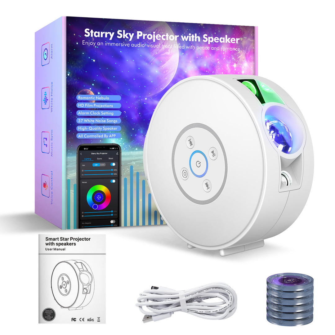 Projektor galaxie a nočnej oblohy – 6 kaziet so snímkami, Bluetooth reproduktor, ovládanie pomocou aplikácie
