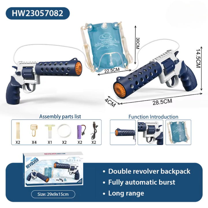 REVOLVER Elektrická vodná pištoľ | 1,2L zásobník, 6–8m dostrel, automatické strieľanie