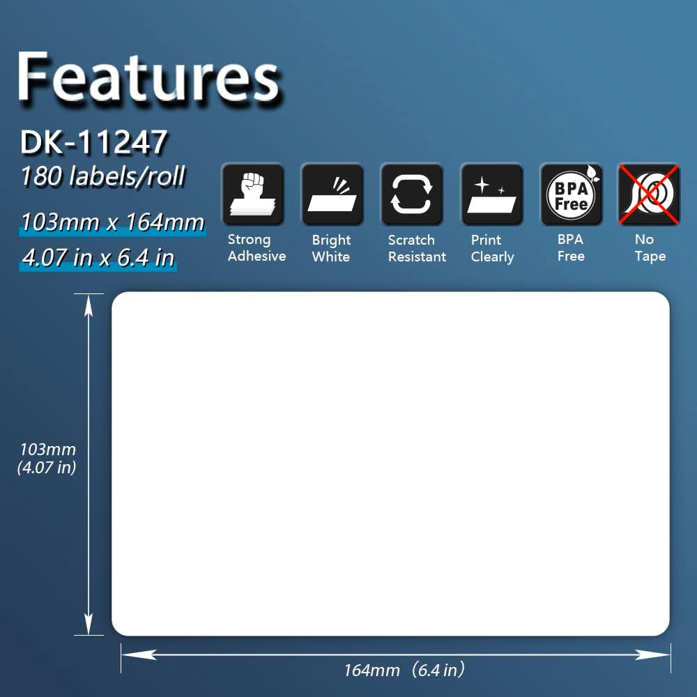 BETCKEY DK-11247 - Samolepiace prepravné štítky 103x164 mm, 180 etikiet/role, kompatibilné s Brother QL tlačiarňami