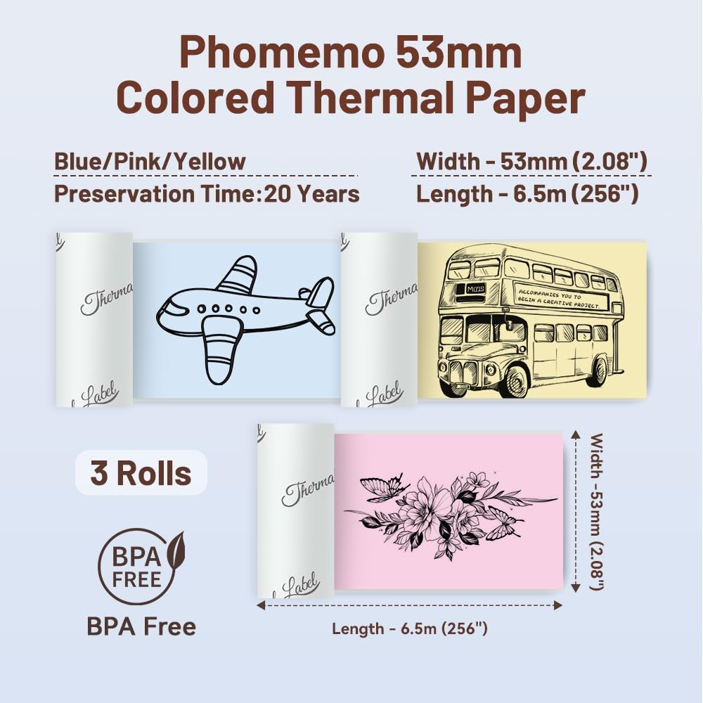 Náhradné farebné papierové štítky do tlačiarne PHOMEMO T02, M02 | 53 mm x 6,5 m