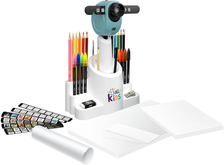 BUKI FK004 Dětský kreslící projektor | 30 obrázků, 200 motivů, 12 akvarelových pastelek a 8 fixů | Výškově nastavitelný a otočný projektor
