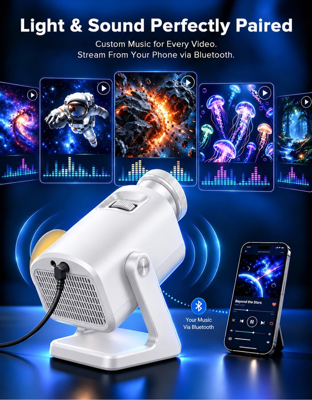 Dynamický 3D projektor BL-3D02 – 60 video scén, Bluetooth reproduktor, diaľkové ovládanie, nočné svetlo