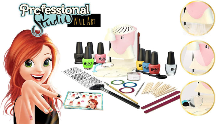 BUKI 5404 – Profesionální nehtové studio pro děti| 8 laků, UV sušička, zvětšovací lupa, světlo, 30 návrhů