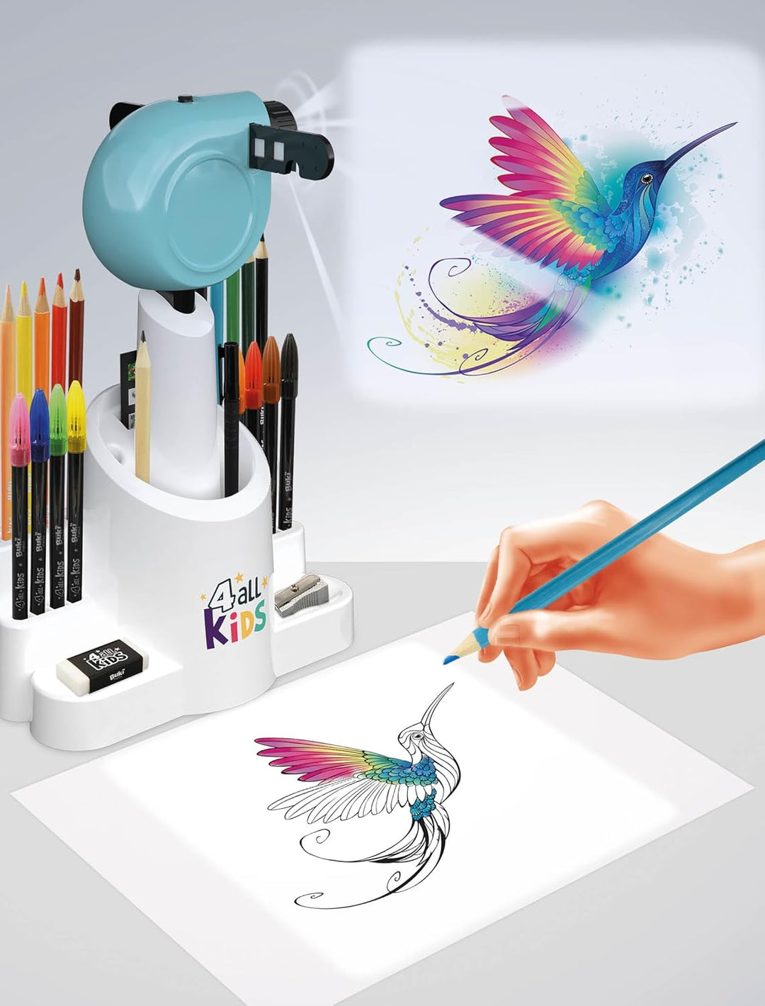 BUKI FK004 Dětský kreslící projektor | 30 obrázků, 200 motivů, 12 akvarelových pastelek a 8 fixů | Výškově nastavitelný a otočný projektor