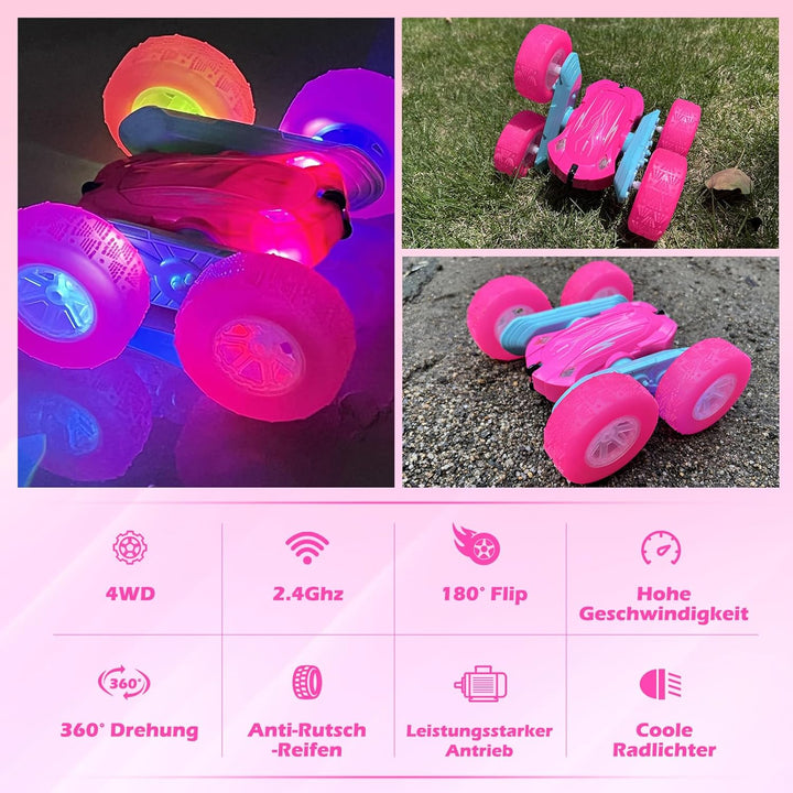 Rodzon RC kaskadérské autíčko s LED světly a 360° otočkami, růžoá