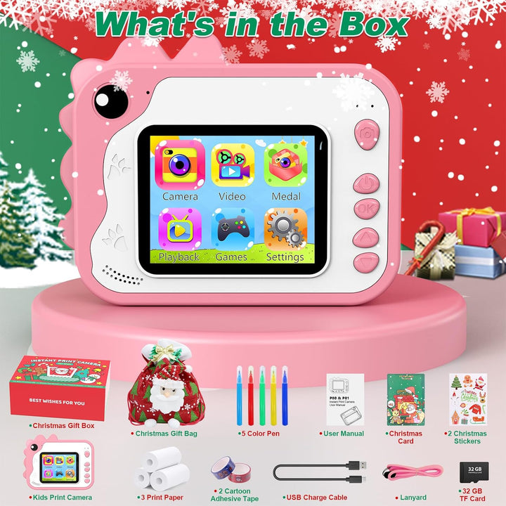 Ushining Dětský instantní fotoaparát s okamžitým tiskem, motiv dinosaurů, vánoční balení