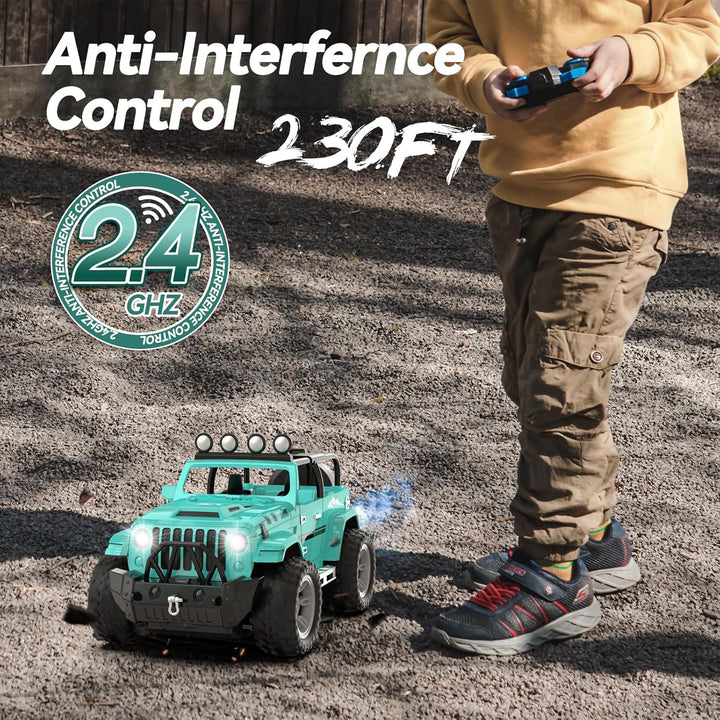 DEERC RC Auto s LED světly, mlhovým efektem a zvuky – terénní monstr truck pro děti