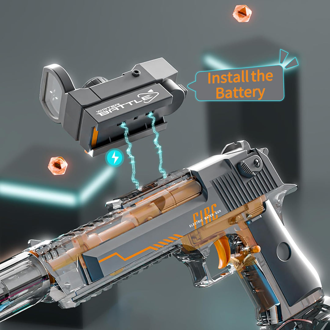 Elektrická vodní pistole DESERT EAGLE – transparentní provedení, světelné efekty, dostřel 8–10 m, 425 ml zásobník
