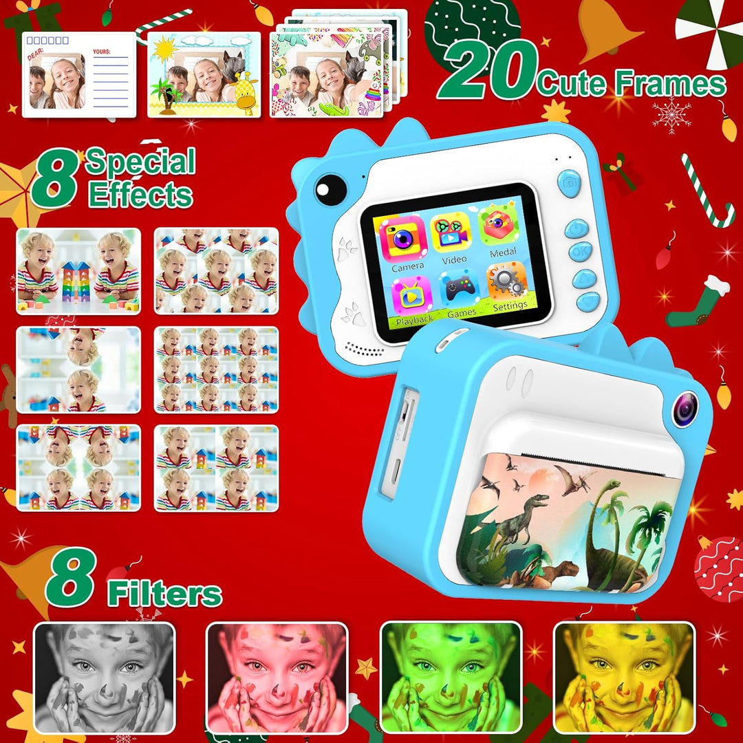 Ushining Dětský instantní fotoaparát s okamžitým tiskem, motiv dinosaurů, vánoční balení