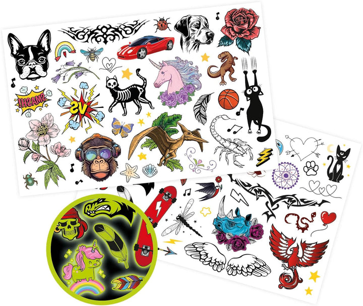 BUKI France Profesionální studio tetování | Kreativní sada pro děti od 7 let – třpytivá, svítící a voděodolná dočasná tetování