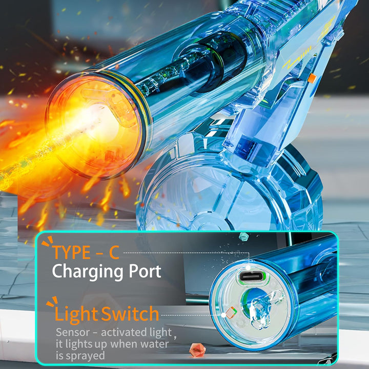 Elektrická vodní pistole DESERT EAGLE – transparentní provedení, světelné efekty, dostřel 8–10 m, 425 ml zásobník