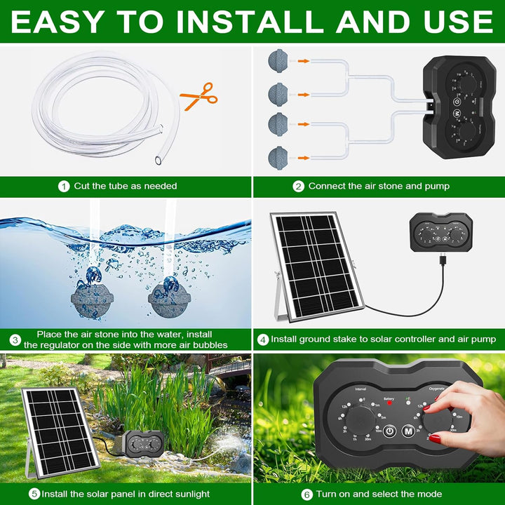 Solární provzdušňovač jezírka AP223 – 2200 mAh baterie, 2 režimy provozu, 72 časových režimů, 6W panel