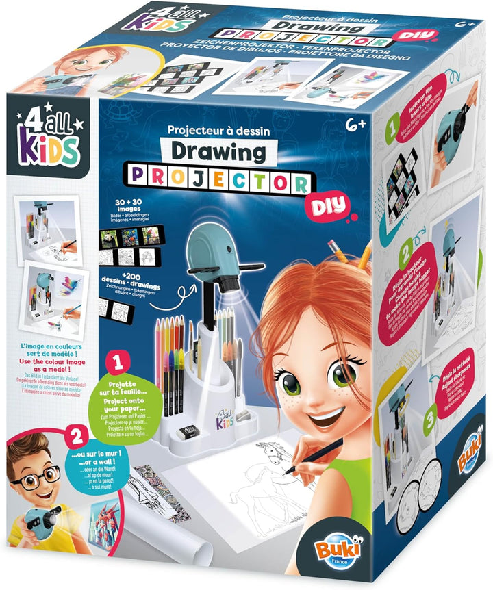 BUKI FK004 Dětský kreslící projektor | 30 obrázků, 200 motivů, 12 akvarelových pastelek a 8 fixů | Výškově nastavitelný a otočný projektor