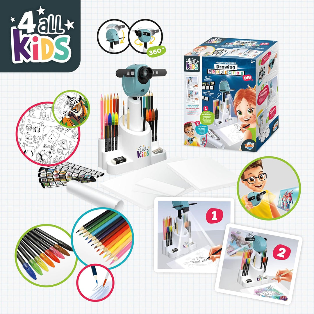 BUKI FK004 Dětský kreslící projektor | 30 obrázků, 200 motivů, 12 akvarelových pastelek a 8 fixů | Výškově nastavitelný a otočný projektor