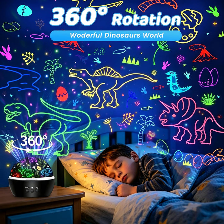 DQMOON Dětský projektor 2 v 1 s dinosaury a dopravními prostředky – noční lampička s otáčením o 360°