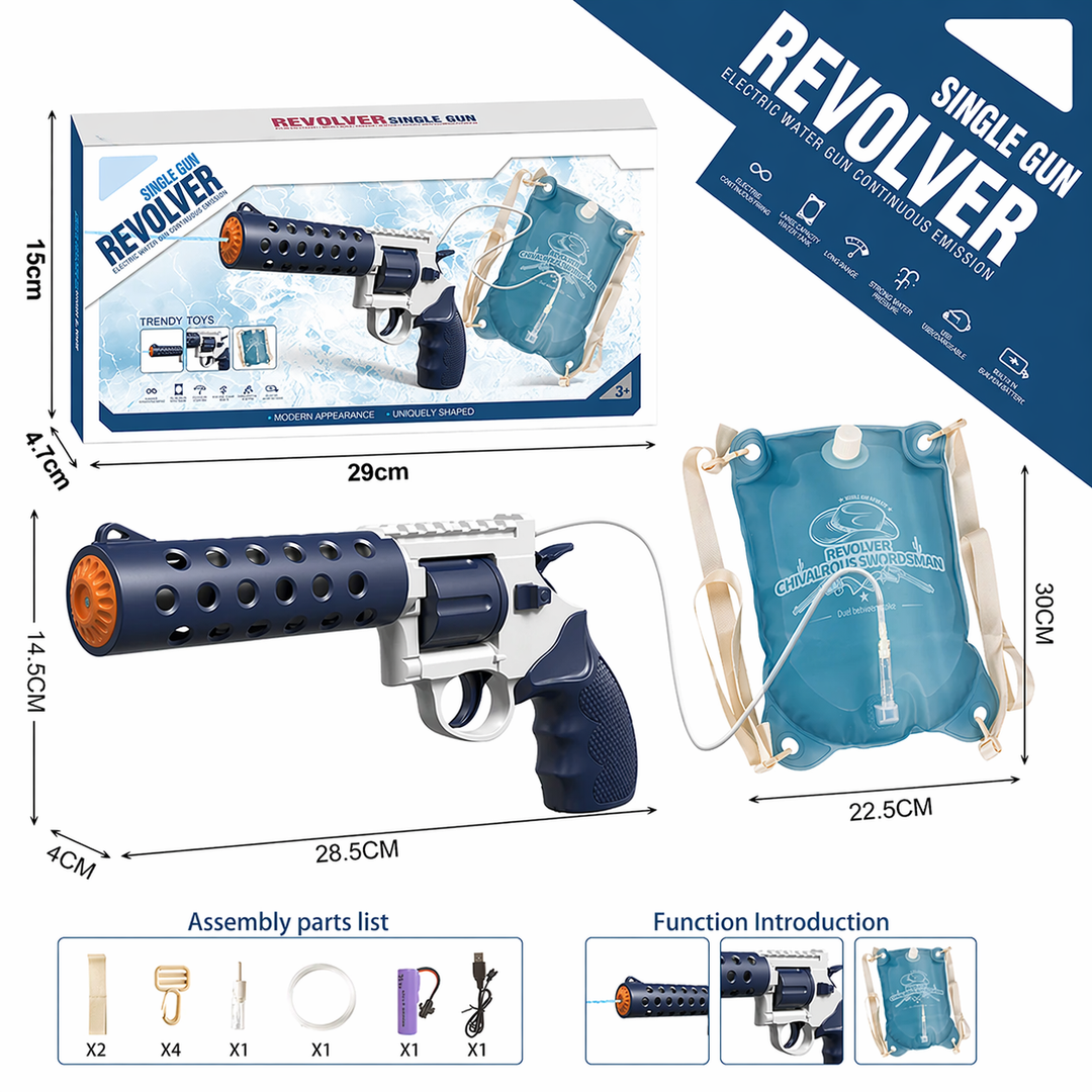 REVOLVER Elektrická vodná pištoľ | 1,2L zásobník, 6–8m dostrel, automatické strieľanie