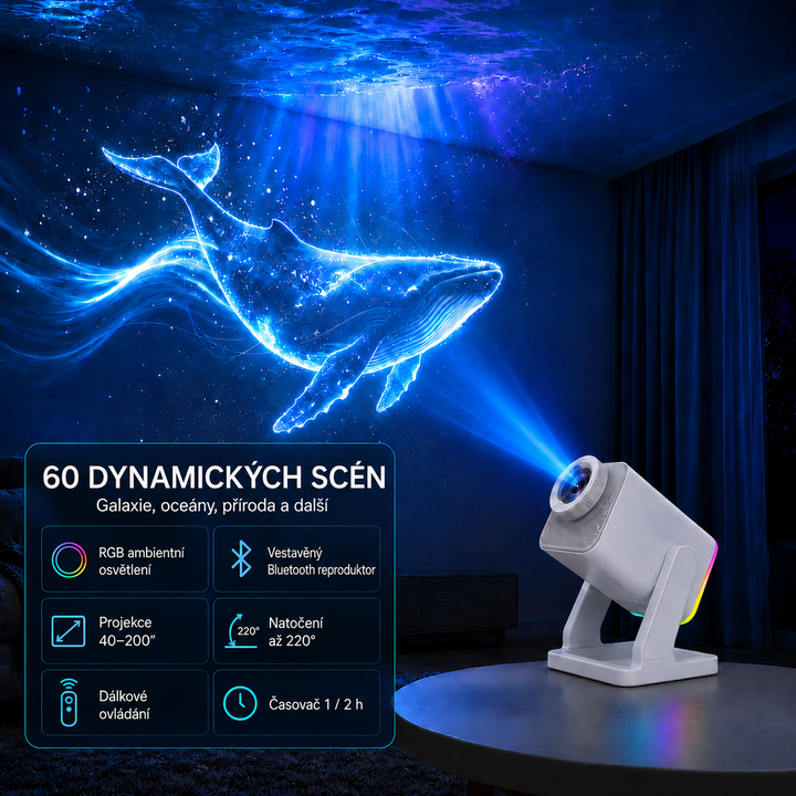 Nanxin dynamický 3D projektor galaxie SK11 – 60 scén, RGB světlo a Bluetooth reproduktor
