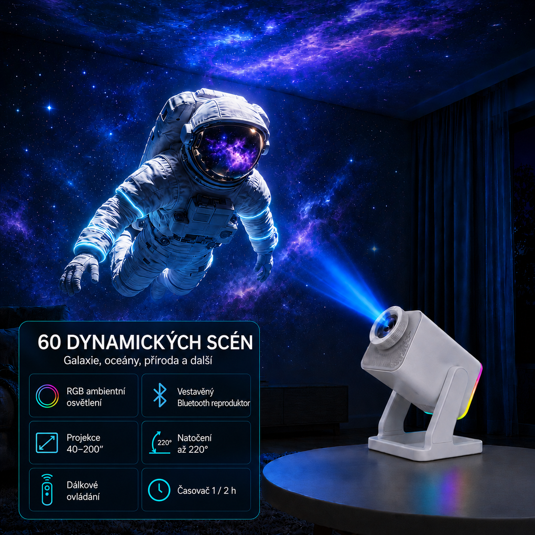Nanxin dynamický 3D projektor galaxie SK11 – 60 scén, RGB světlo a Bluetooth reproduktor