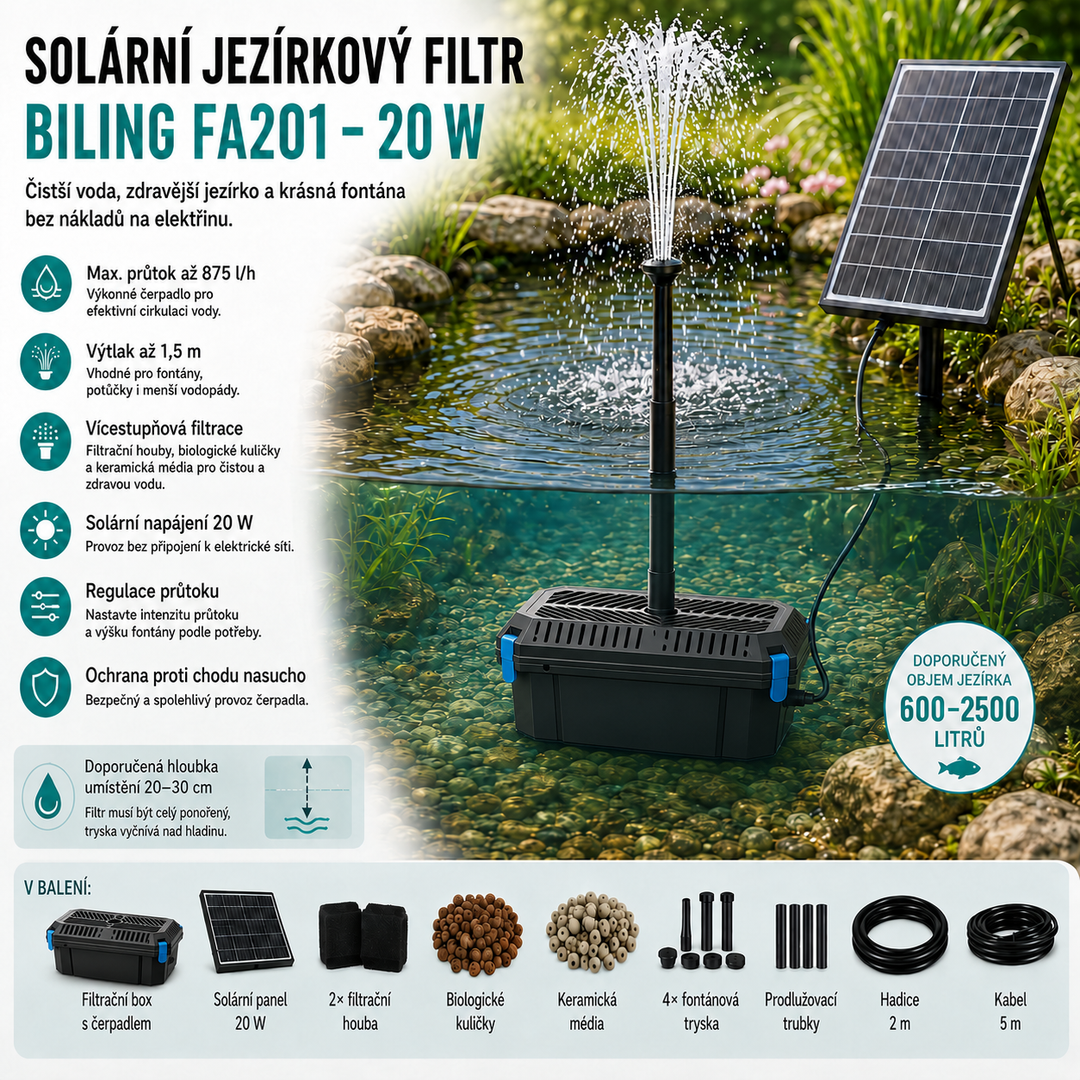 Solární jezírkový filtr s čerpadlem FA201 - 20 W panel, průtok 875 l/h, 4 trysky, biologická filtrace
