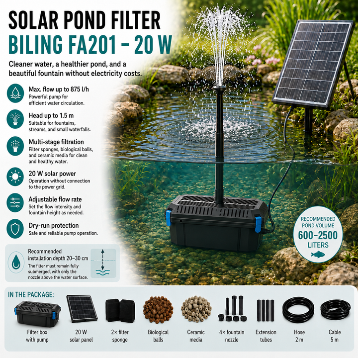 Solární jezírkový filtr s čerpadlem FA201 - 20 W panel, průtok 875 l/h, 4 trysky, biologická filtrace