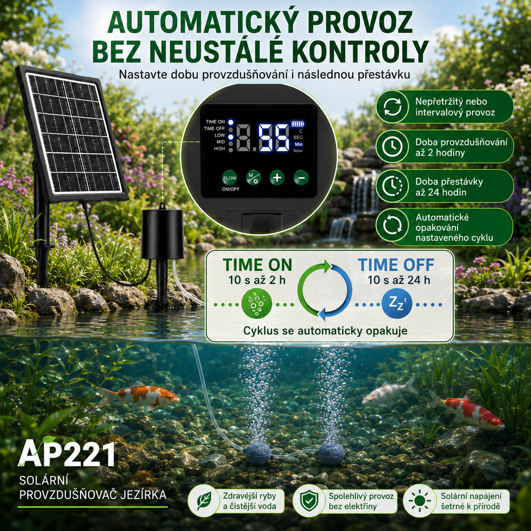 Solární provzdušňovač jezírka s LCD displejem AP221 – 2200 mAh baterie, 3 stupně výkonu, programovatelný časovač, 3W panel