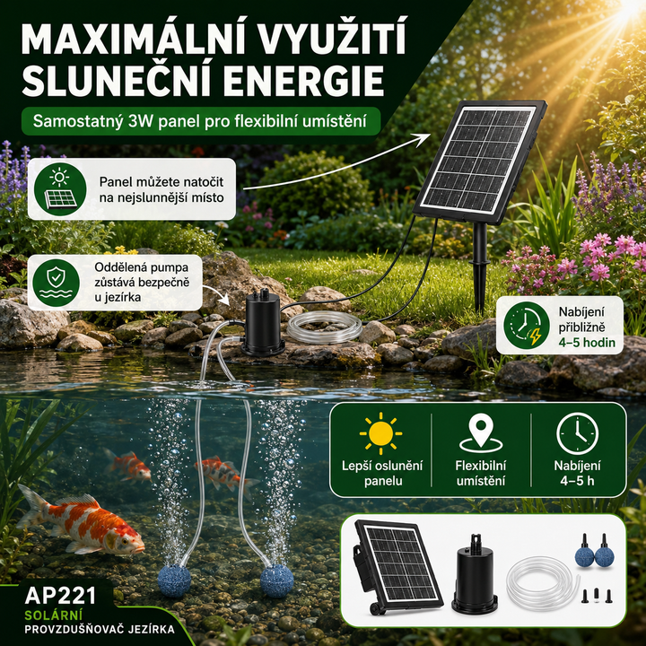Solární provzdušňovač jezírka s LCD displejem AP221 – 2200 mAh baterie, 3 stupně výkonu, programovatelný časovač, 3W panel