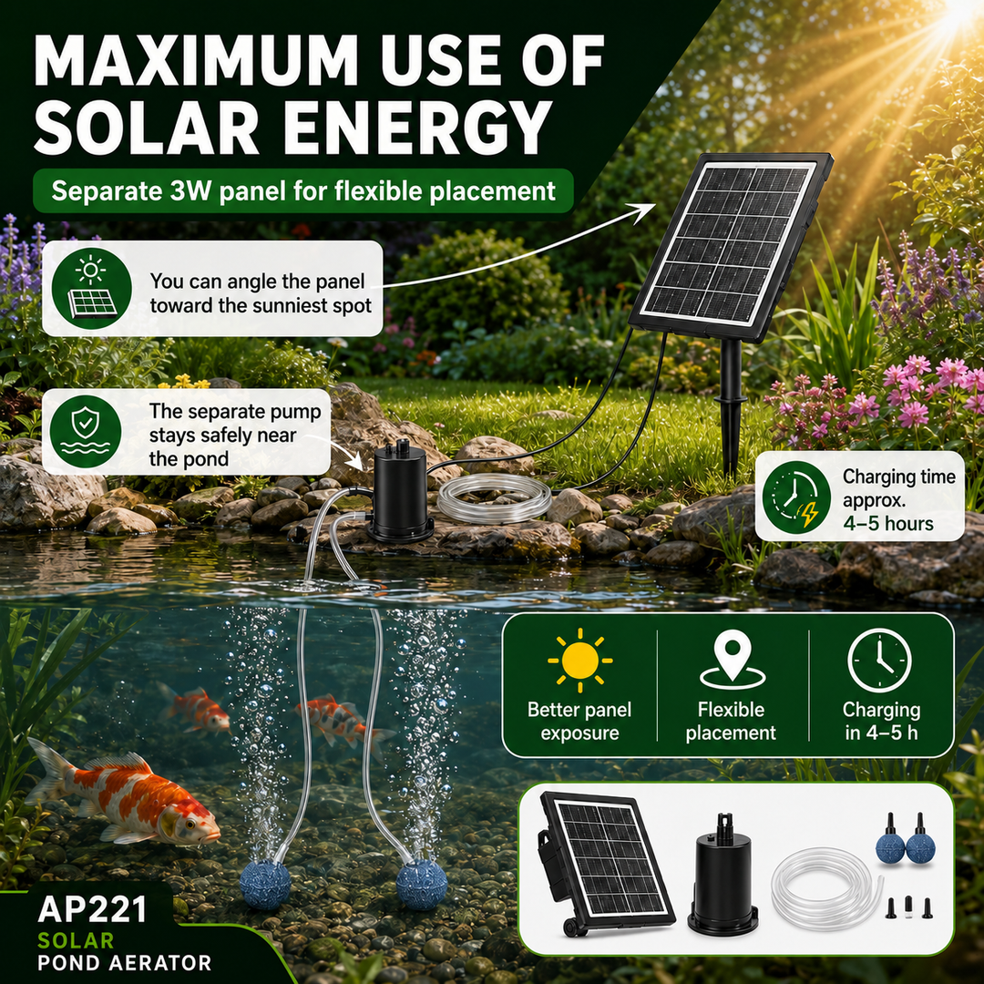 Solární provzdušňovač jezírka s LCD displejem AP221 – 2200 mAh baterie, 3 stupně výkonu, programovatelný časovač, 3W panel