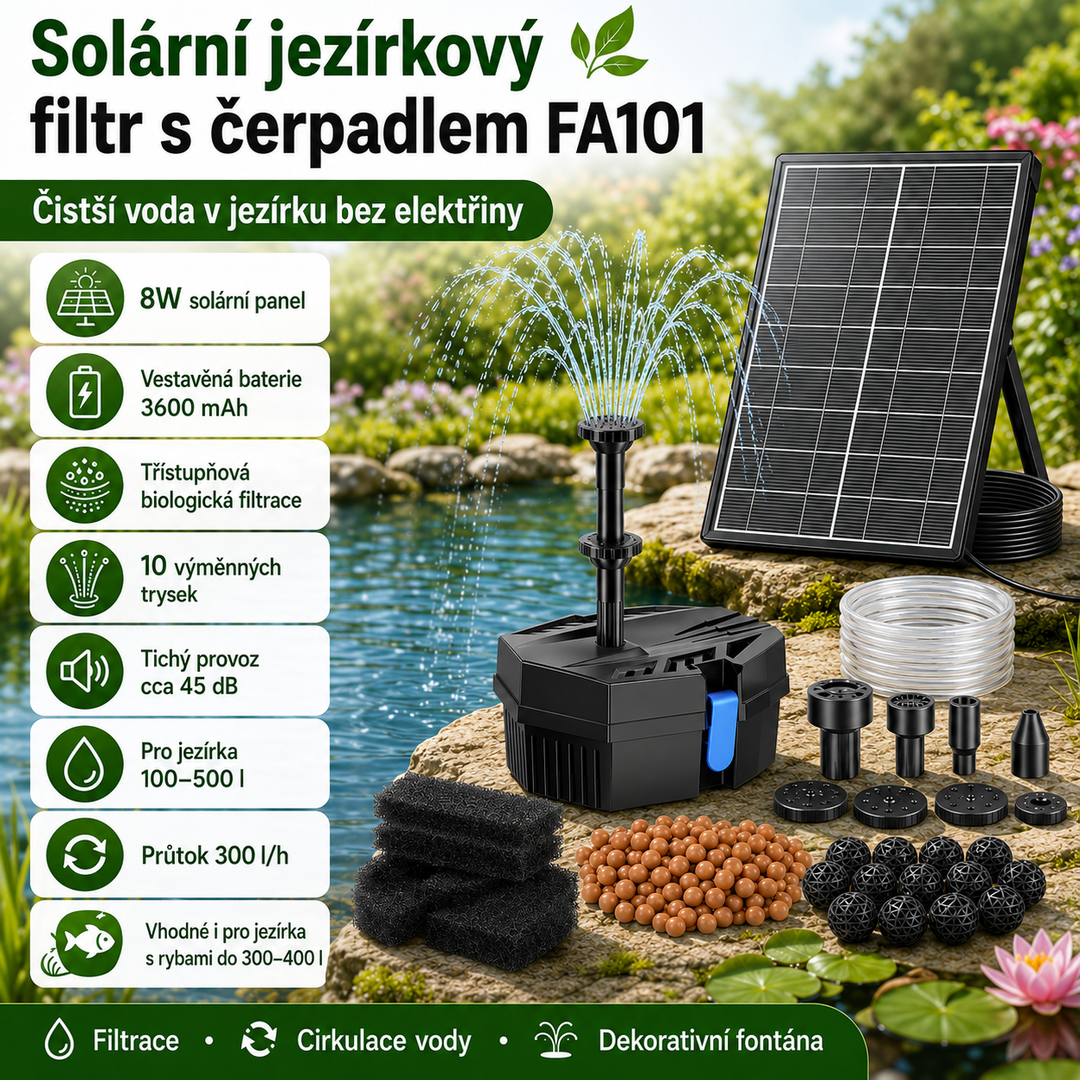 Solární jezírkový filtr s čerpadlem FA101 - 3600 mAh baterie, průtok 300 l/h, 10 trysek, 8 W panel