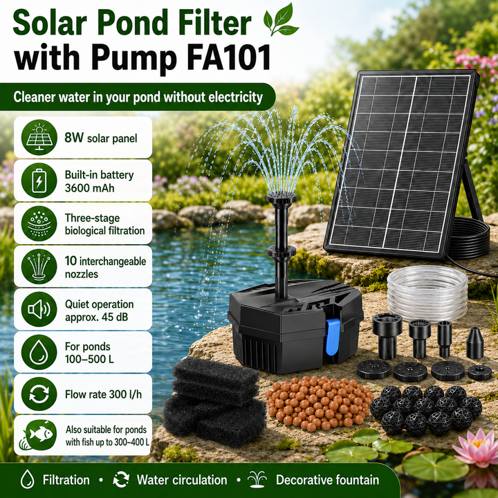 Solární jezírkový filtr s čerpadlem FA101 - 3600 mAh baterie, průtok 300 l/h, 10 trysek, 8 W panel