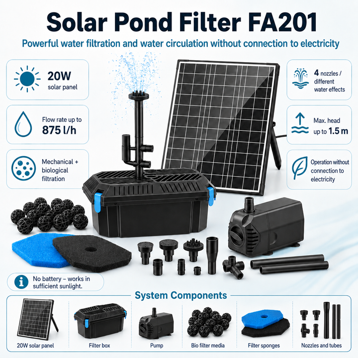 Solární jezírkový filtr s čerpadlem FA201 - 20 W panel, průtok 875 l/h, 4 trysky, biologická filtrace