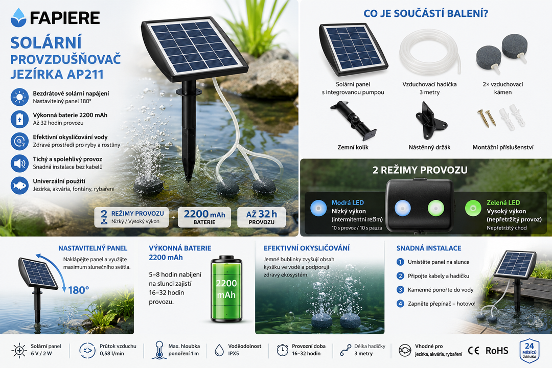 Solární provzdušňovač jezírka AP211 – 2200 mAh baterie, 2 režimy provozu, 2 W panel