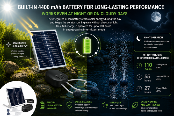 Solární provzdušňovač jezírka AP010 – 4400 mAh baterie, 3 režimy provozu, 15 W panel