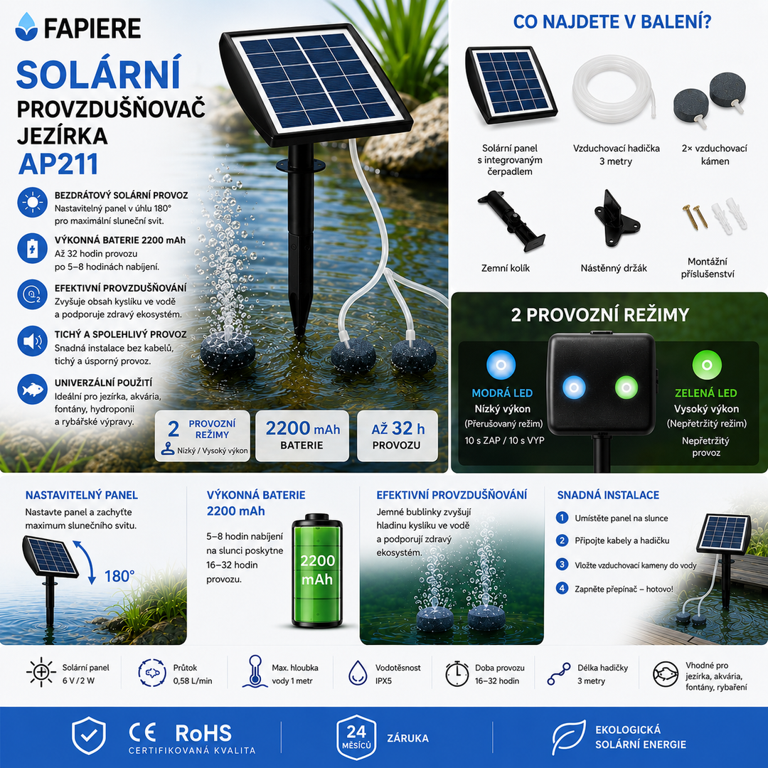 Solární provzdušňovač jezírka AP211 – 2200 mAh baterie, 2 režimy provozu, 2 W panel