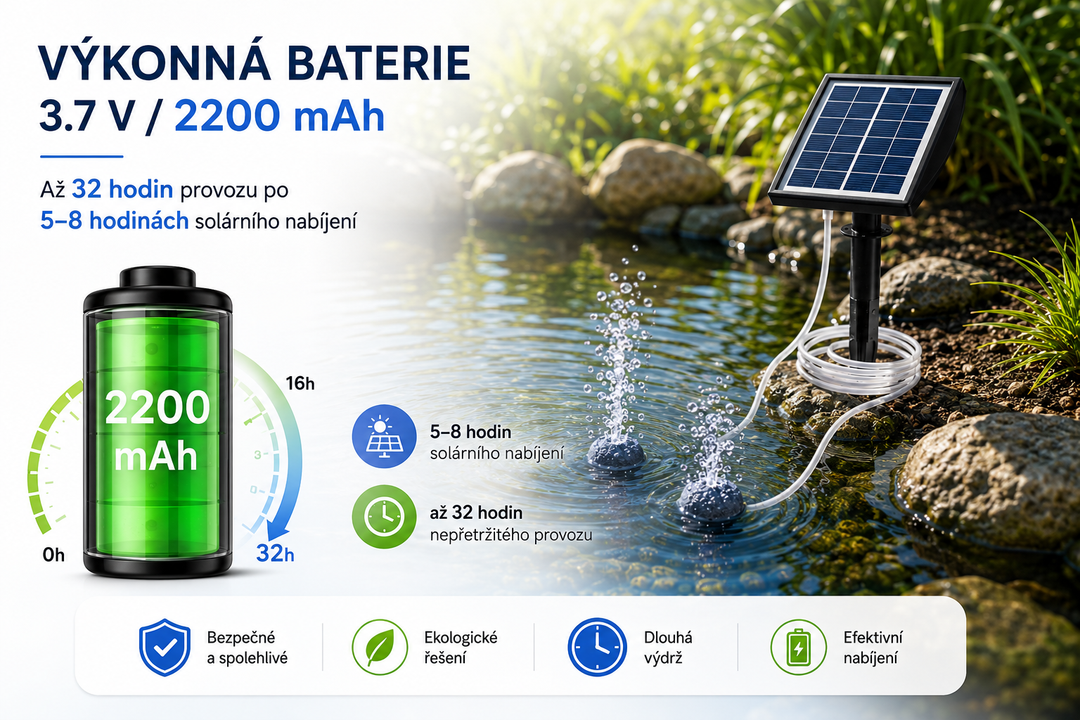 Solární provzdušňovač jezírka AP211 – 2200 mAh baterie, 2 režimy provozu, 2 W panel