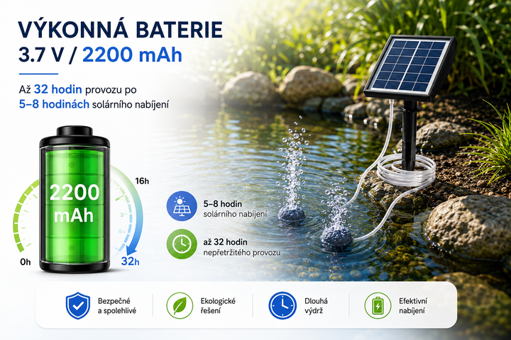 Solární provzdušňovač jezírka AP211 – 2200 mAh baterie, 2 režimy provozu, 2 W panel