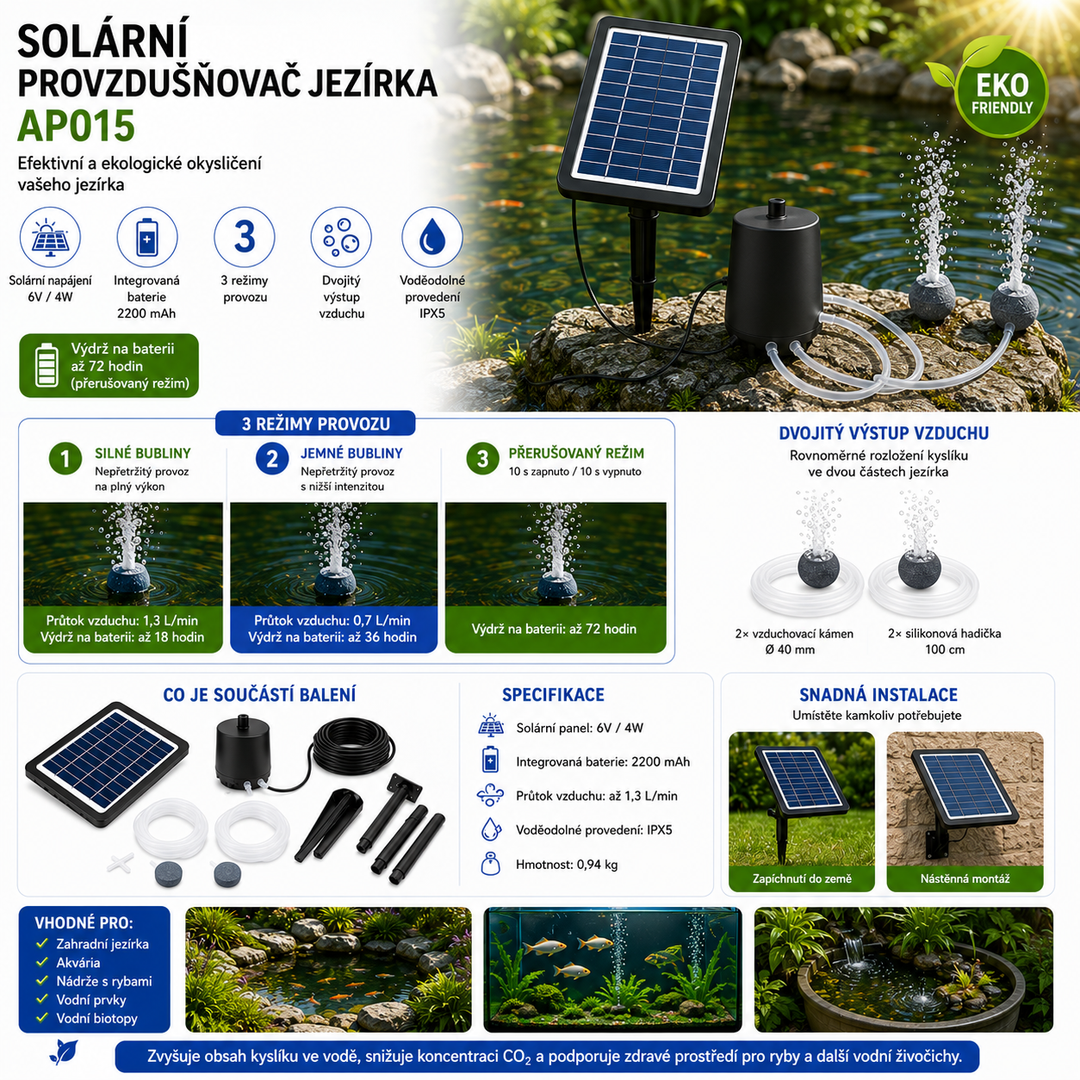 Fapiere Solárny prevzdušňovač jazierka 4 W – s batériou 2200 mAh, 3 režimy prevádzky