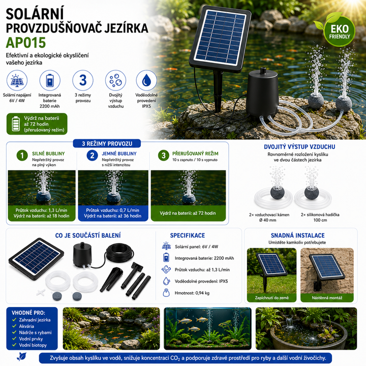 Fapiere Solárny prevzdušňovač jazierka 4 W – s batériou 2200 mAh, 3 režimy prevádzky
