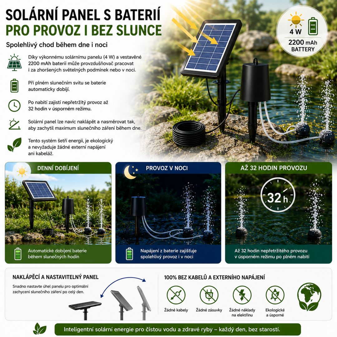 Fapiere Solárny prevzdušňovač jazierka 4 W – s batériou 2200 mAh, 3 režimy prevádzky