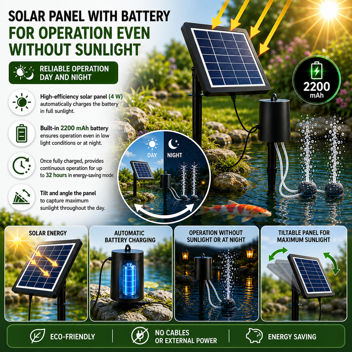 Fapiere Solárny prevzdušňovač jazierka 4 W – s batériou 2200 mAh, 3 režimy prevádzky