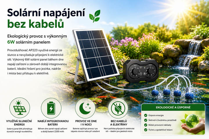 Solární provzdušňovač jezírka AP223 – 2200 mAh baterie, 2 režimy provozu, 72 časových režimů, 6W panel